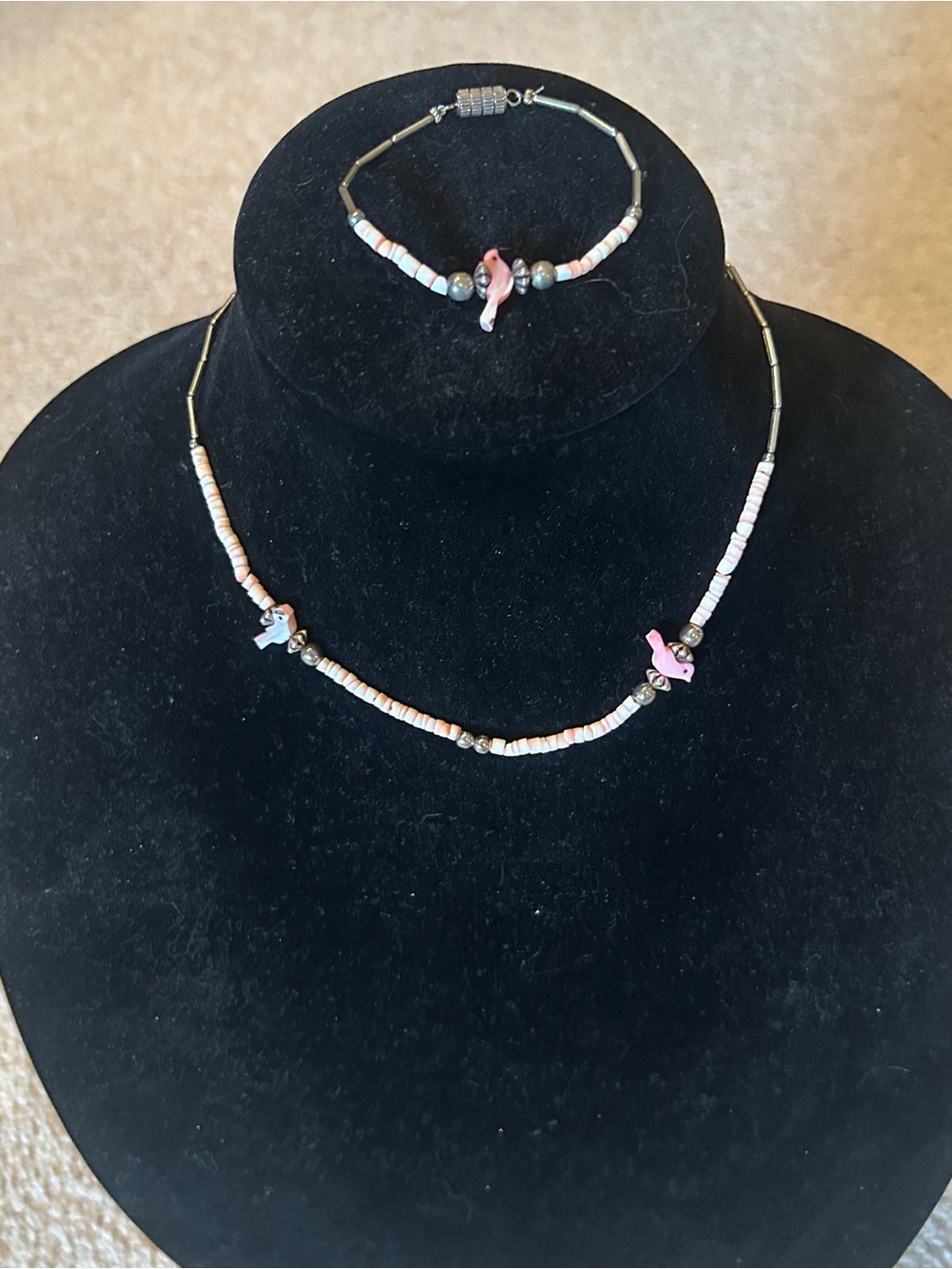 Pink Vintage Zuni Youth Silver and Pink Shell Necklace and Bracelet Set